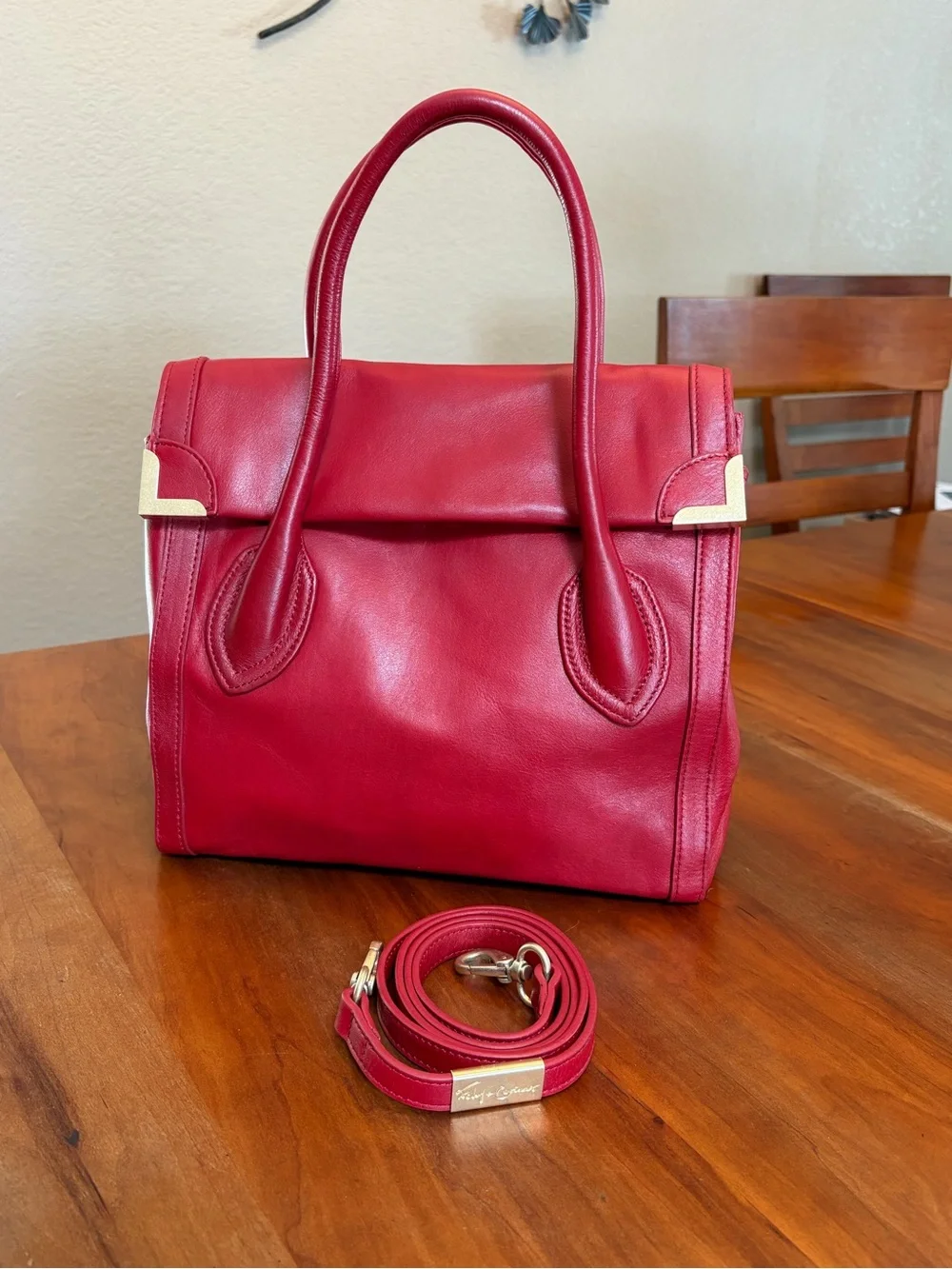 Foley + Corinna Red Leather Satchel with Gold Accents